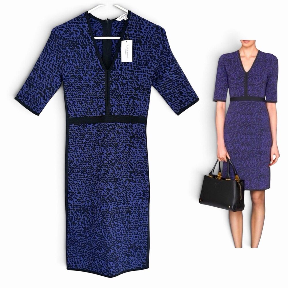 LK Bennett DR Tipa Dress Size XS Knee Length Blue / Purple Black Half Sleeve
